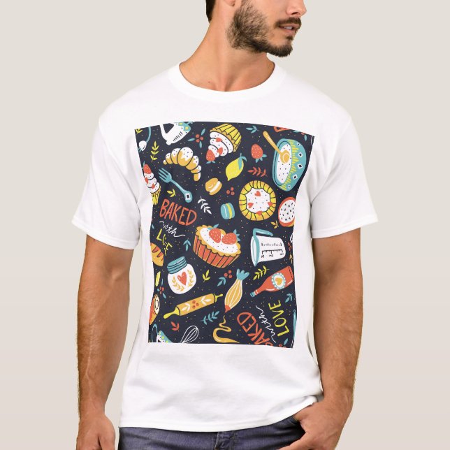 Camiseta Padaria retrô, pontos, elementos florais. (Frente)