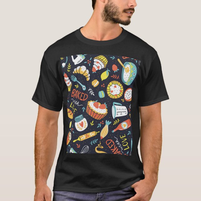 Camiseta Padaria retrô, pontos, elementos florais. (Frente)