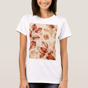 Camiseta Padrão Botânico de Folhas de Outono em Cobre Doura