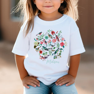Camiseta Padrão Botânico de Pássaros Florais Fofos