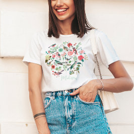Camiseta Padrão Botânico de Pássaros Florais Fofos