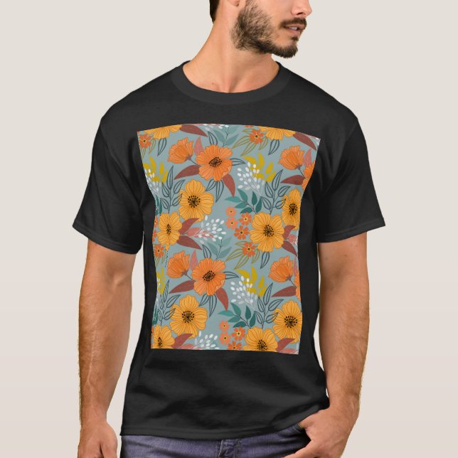 Camiseta Padrão Colorido das Flores Desenhadas À Mão (Frente)