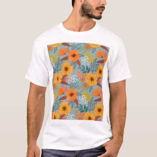 Camiseta Padrão Colorido das Flores Desenhadas À Mão