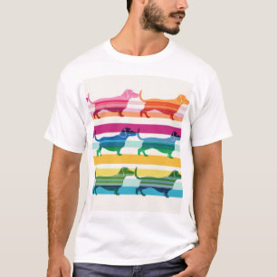 Camiseta Padrão Colorido de Dachshund com Listras Retrô