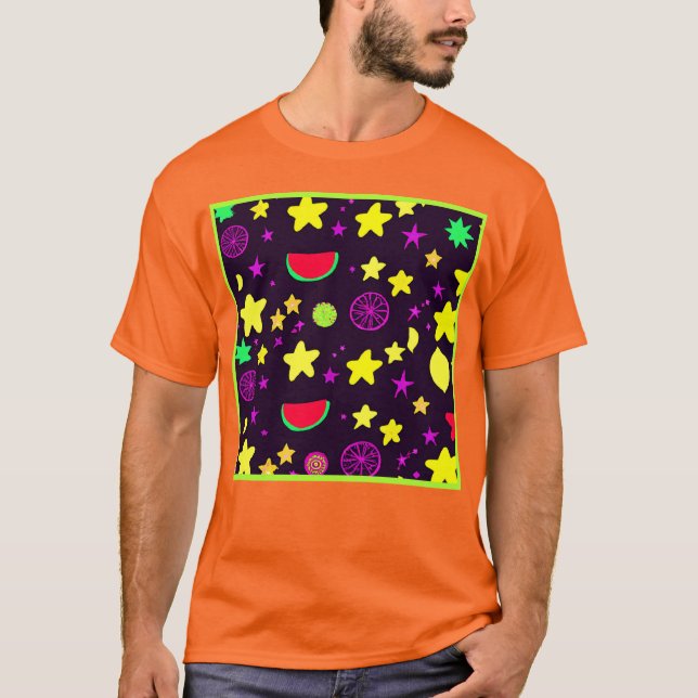 Camiseta Padrão Colorido De Estrela E Fruta (Frente)