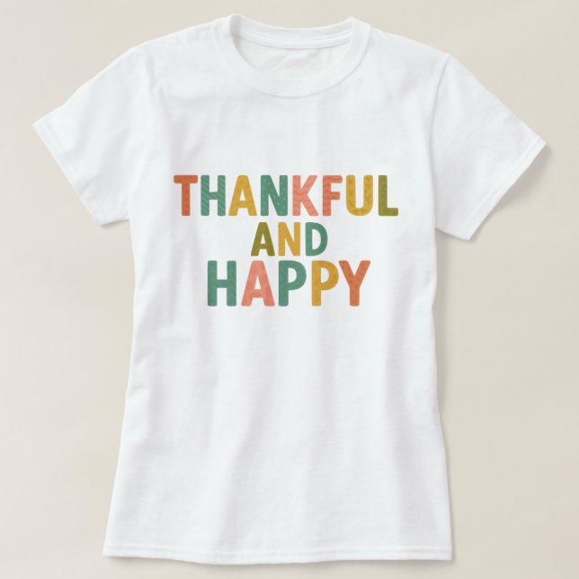 Camiseta Padrão Colorido Divertido Retro Agradecido e Feliz (Frente do Design)