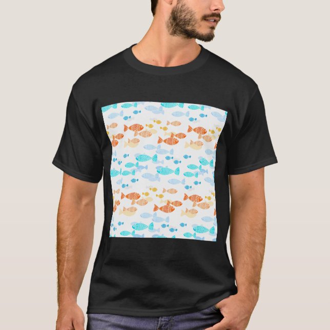 Camiseta Padrão contínuo fofo com peixes coloridos (Frente)