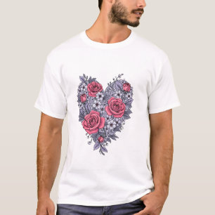 Camiseta Padrão Coração Floral Elegante: Design romântico p