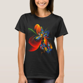 Camiseta Padrão de Abstrato de Arte Floral Azul Laranja Mod