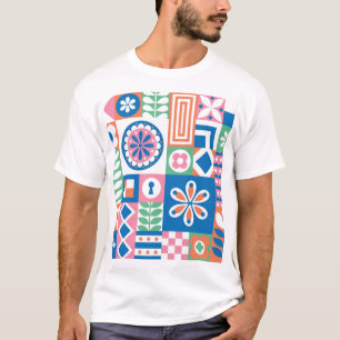 Camiseta Padrão de Abstrato Floral Folk Escandinavo