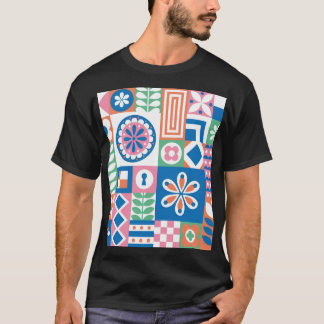 Camiseta Padrão de Abstrato Floral Folk Escandinavo
