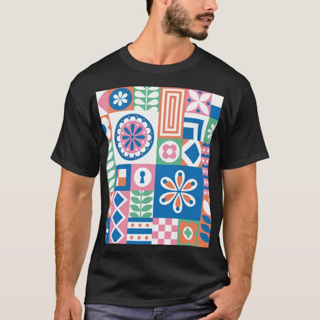 Camiseta Padrão de Abstrato Floral Folk Escandinavo (Frente)