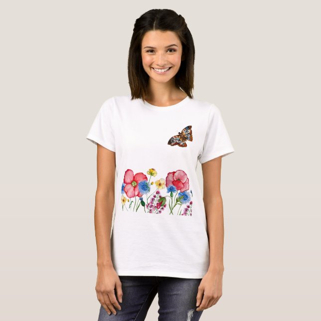 Camiseta Padrão de aquarela com flores silvestres desenhada (Frente Completa)