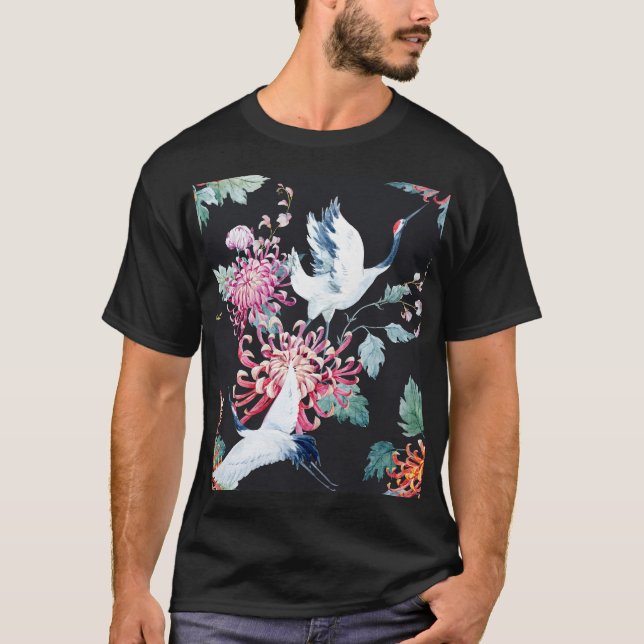 Camiseta Padrão de Aquarela de Crane Vermelha Chrysanthemum (Frente)