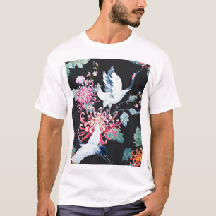 Camiseta Padrão de Aquarela de Crane Vermelha Chrysanthemum