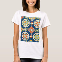 Padrão de Azulejo Floral Retro Azul Naval Laranja