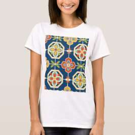 Camiseta Padrão de Azulejo Floral Retro Azul Naval Laranja