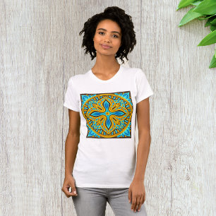 Camiseta Padrão de Azulejo Marroquino Mediterrâneo Azul e D