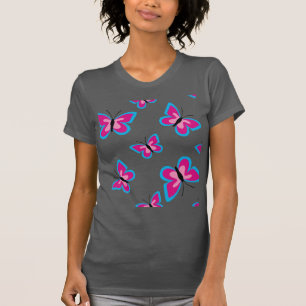 Camiseta Padrão de Borboleta Rosa de Borda Azul