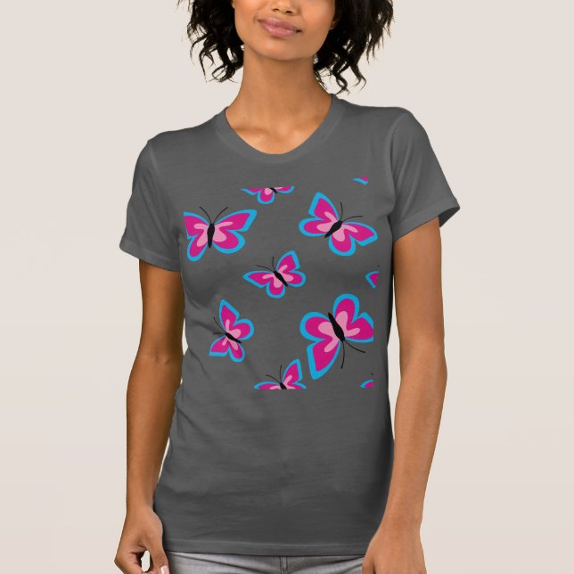 Camiseta Padrão de Borboleta Rosa de Borda Azul (Frente)