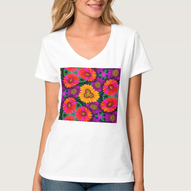 Camiseta Padrão de Buquê de margarida colorida (Frente)
