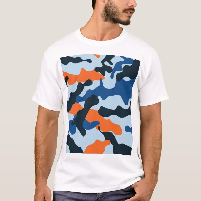 Camiseta Padrão de Camuflagem Azul Laranja Marinho Sky (Frente)