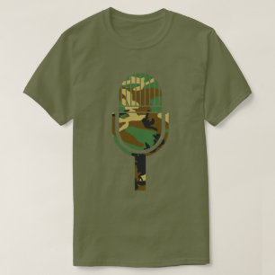 Camiseta Padrão de Camuflagem Florestal Microfone Vintage