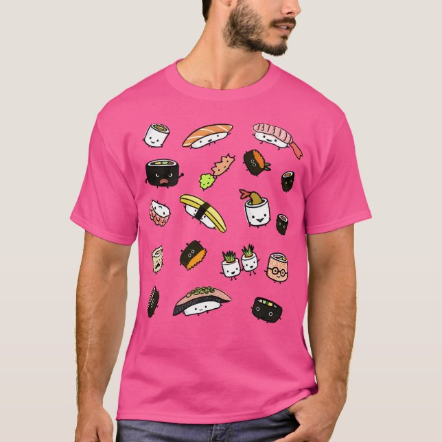Camiseta Padrão de Caracteres Sushi Cute (Frente)