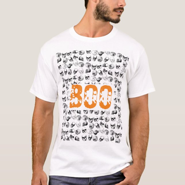 Camiseta Padrão de Caveira de Bolinho Laranja Halloween Spo (Frente)