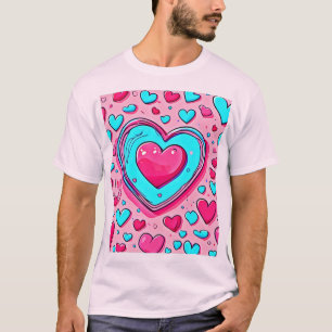 Camiseta Padrão de Coração Azul Rosa