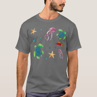 Camiseta Padrão de Criaturas do Mar de Aquarela
