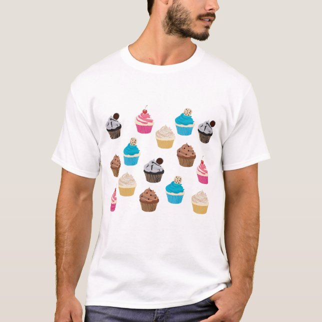 Camiseta Padrão de Cupcakes Cute Coloridos (Frente)