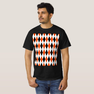 Camiseta Padrão de Diamantes Harlequim Laranja Preto e Bran