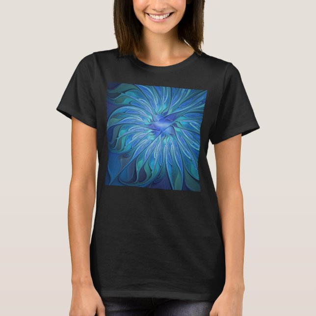 Camiseta Padrão de fantasia de flores azuis, arte frontal A (Frente)