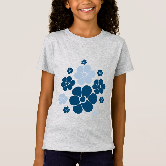 Camiseta Padrão de Flor - Azul Escuro, Azul Claro e Creme (Frente)
