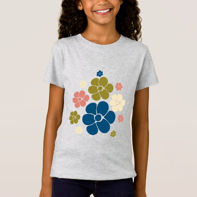 Camiseta Padrão de Flor - Azul, Verde Oleícola, Rosa e Crem (Frente)