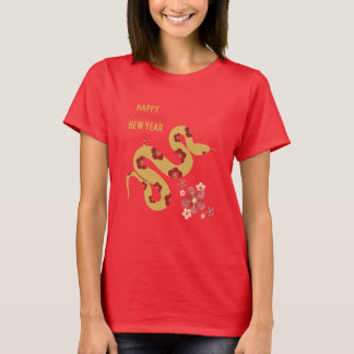 Camiseta Padrão de Flor Cobra Feliz Chinês Ano Novo Vermelh