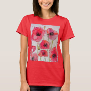 Camiseta Padrão de Flor de Arte com Cor de Água Flor Verm