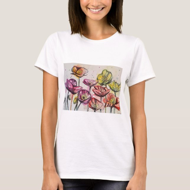 Camiseta Padrão de Flor de Arte de Aquarela Flórida Vermelh (Frente)