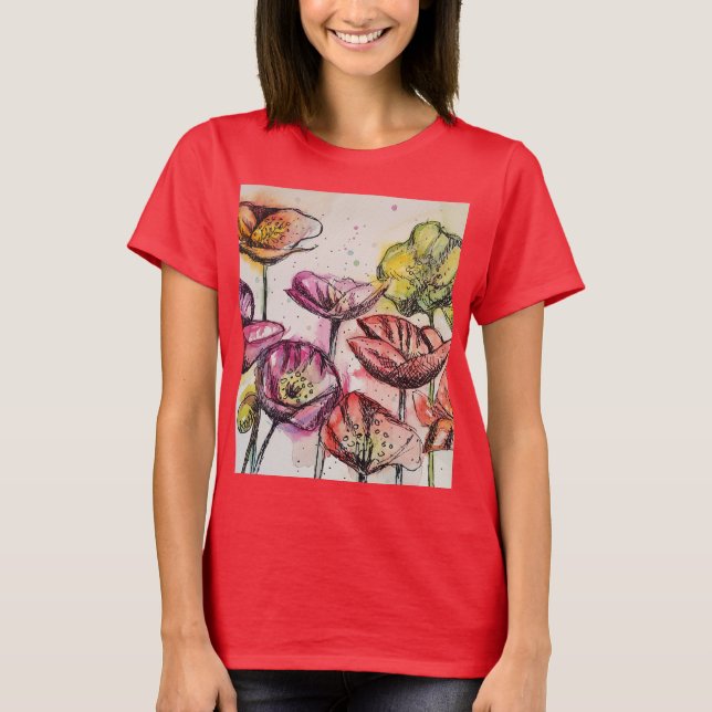 Camiseta Padrão de Flor de Arte de Aquarela Flórida Vermelh (Frente)