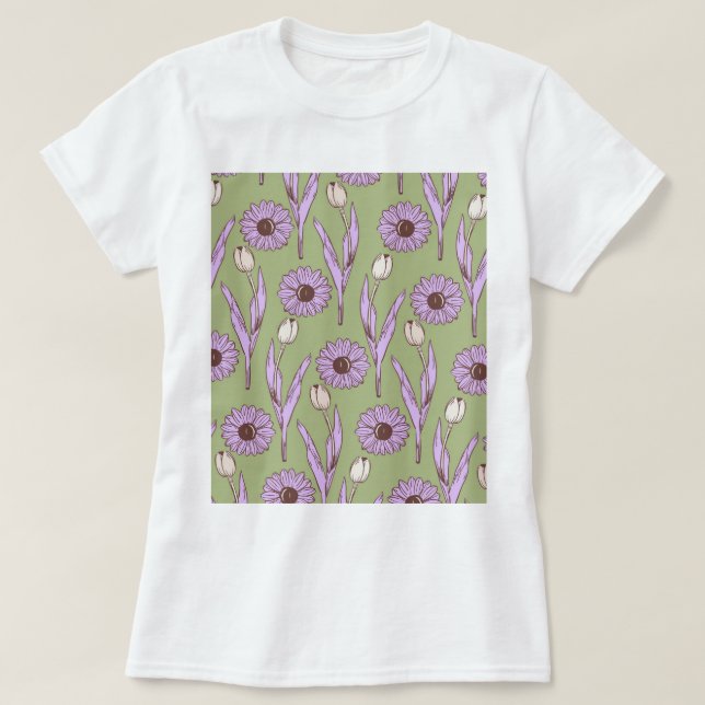 Camiseta Padrão de Flor de Hippie Funky Y2K Retro Roxo Verd (Frente do Design)