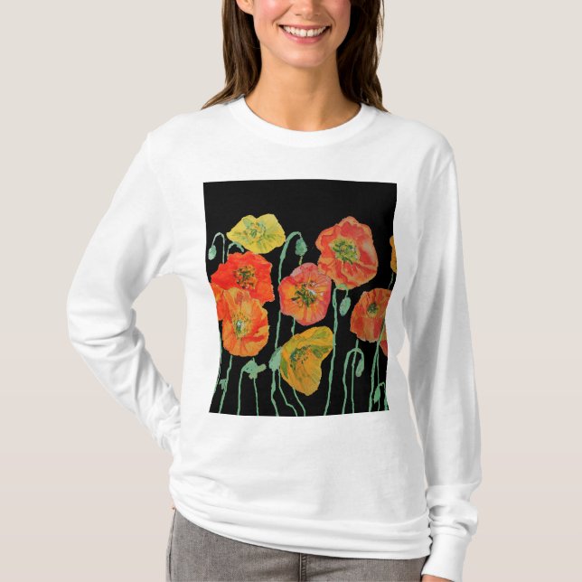 Camiseta Padrão de Flor de Papoula Vermelha em Arte de Aqua (Frente)