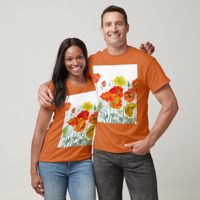 Camiseta Padrão de Flor de Papoula Vermelha Laranja Casamen (Unissex)