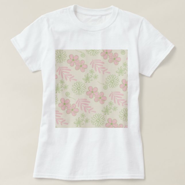 Camiseta Padrão de Flor Verde Rosa bege Retroativo Y2K 70s (Frente do Design)