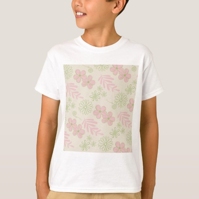 Camiseta Padrão de Flor Verde Rosa bege Retroativo Y2K 70s (Frente)