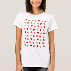 Camiseta Padrão de Flor Vermelho Cor-de-Pink Padrão Branco