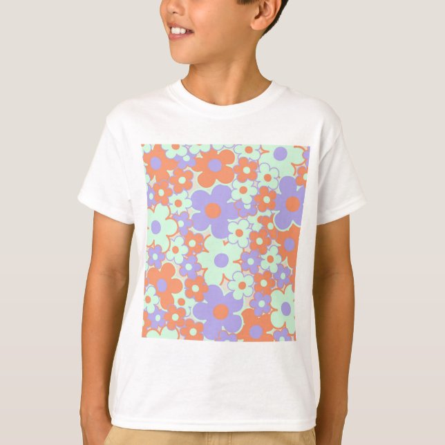Camiseta Padrão de Flor Y2K 70s - Verso Púrpura Laranja Azu (Frente)