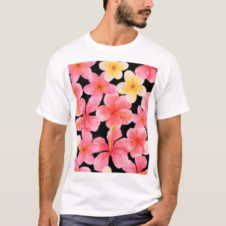 Camiseta Padrão de Flores de Hibiscus Plumeria Watercolor