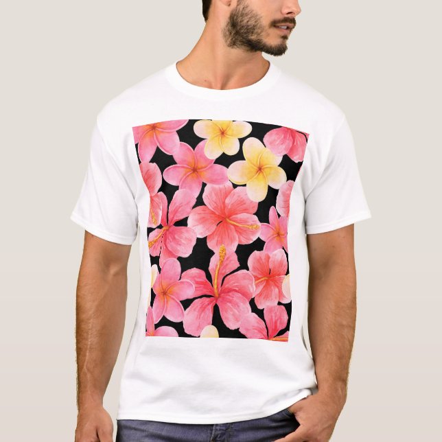 Camiseta Padrão de Flores de Hibiscus Plumeria Watercolor (Frente)