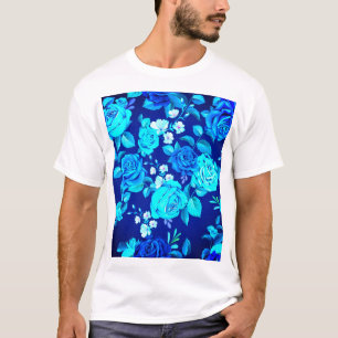 Camiseta Padrão de Flores de Rosa Azul Clássico-87600